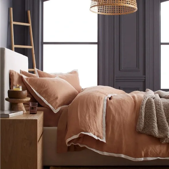 NWOT - Quince, European Linen Contrast Flange Duvet Cover - Sunset/Ivory - Queen - Picture 2 of 8